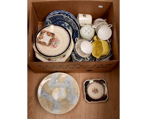 Four boxes of assorted ceramics including figures, Clarice Cliff dish, Dresden cup, Shelley vase, various vases, assorted tea