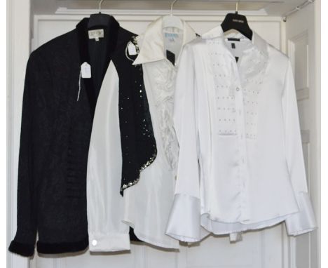 White Satin Blouse, the Bodue is decorated in paste stone by Brunella. A Carteon size 40 black polyester jacket edged in velv