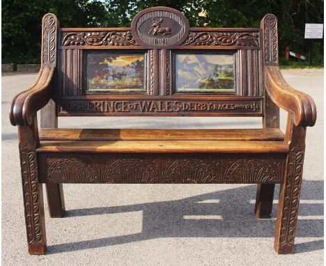 A late Victorian Royal Commemorative joined oak settle, of local interest, inscribed HRH Prince of Wales, Derby Races Novembe