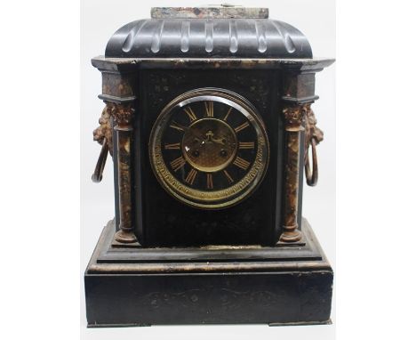 French slate late 19th Century mantle clock, black face, gold trim, Roman numerals, granite trim and columns, lions head, sid