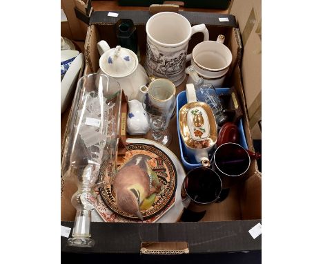 A collection of ceramics, including plates, mugs, glass ships in bottles, Royal Worcester Wren, thimbles, etc