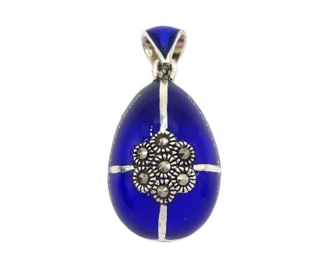 Silver blue enamel and marcasite egg pendant, stamped 925Condition Report:Length = 35mm, good condition