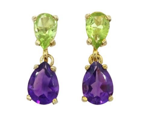 Pair of silver-gilt peridot and amethyst pendant stud earringsCondition Report:Length = 14mm, tested, good condition