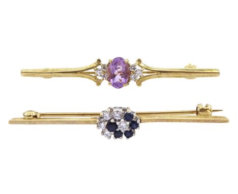 Gold sapphire and cubic zirconia cluster bar brooch and a gold amethyst and cubic zirconia brooch, both hallmarked 9ctConditi