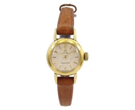 Omega Ladymatic ladies 18ct gold manual wind wristwatch, Cal. 455, case no. 2836 61, stamped 18K 750, on brown leather strapC
