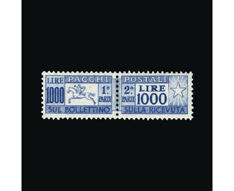 Italy : (SG 868p) 1954 Parcel Post-Winged Wheel wmk 1000L blue horiz pair fresh well centred very lightly mounted mint, very 