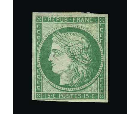 France : (SG 4) 1850 Ceres 15c green on bluish-green - good-looking example with even margins and much original gum - large t