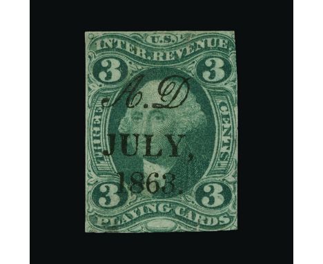 United States of America - Revenues : (SG R17a) 1862-71 Playing Cards 3c green apparantly imperf but with margins close/touch