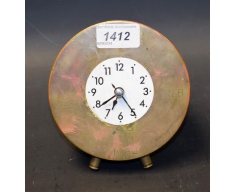Trench Art - a 105mm shell case, dated 1984, converted to mantel clock, smaller caliber shell casing feet
