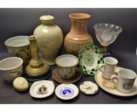 Ceramics - a Denby table lamp; planter; another, smaller; Royal Commemoratives; oil lamp; etc
