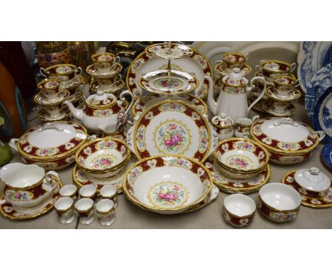 A Royal Albert Lady Hamilton dinner service, for six, comprising dinner plates, side plates, tea plates, soup cups, dessert b