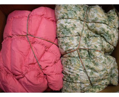 A pink feather double eiderdown; another, similar, green (2)