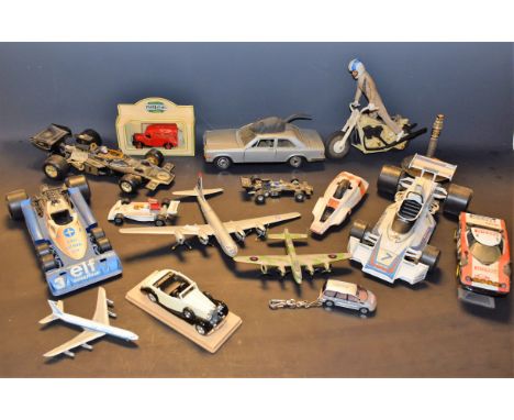 Toys - Evel Knievel figure and motorbike; Corgi Toys John Player Special F1 car;  others Polistil 1;15 scale Brabham BT44, Ty