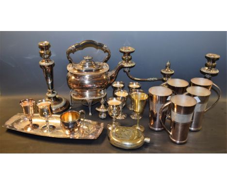 Plated Ware - a pair of early 20th century three branch candelabra; a Walker & Hall spirit kettle; a set of twelve goblets; a