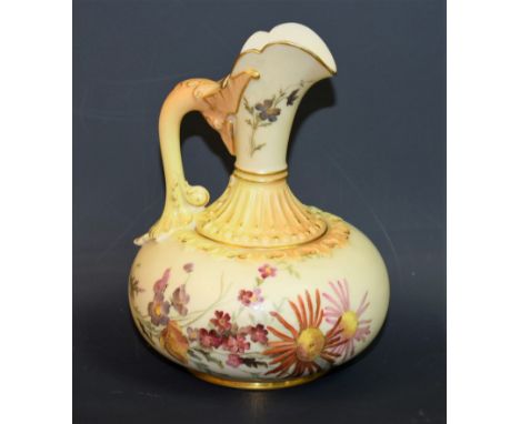 A Royal Worcester blush ivory ewer, of squat form, hand painted with flowers, date mark 1893, 12.5cm high