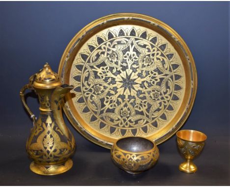 A late 19th/early 20th century Turkish gilt metal coffee service, comprising coffee pot, sugar basin, zarf and tray, each cha