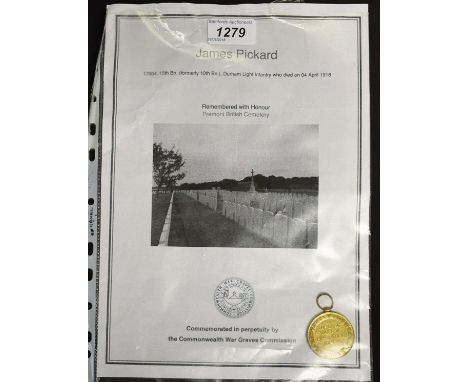 Military Interest - a World War One Allied Victory Medal, to PTE JAMES PICKARD, Durham Light Infantry, no.17904, died on 4th 