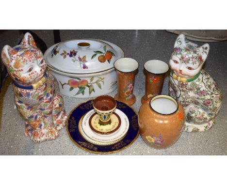 Ceramics - a pair of Losol Ware Hampton pattern tapering cylinder vases, another globular; a pair of Chinese pottery cats;  R