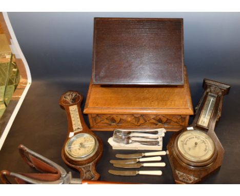 Boxes and Objects - an oak barometer; another; a shooting stick; oak box; etc