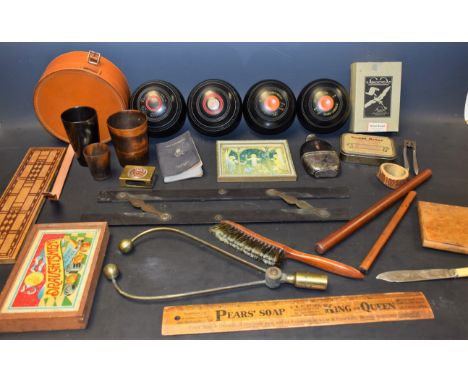 Boxes and Objects - a Pears' Soap advertising ruler, c.1914; horn beakers; collar box; crown green bowls; Rudyard Kipling bra