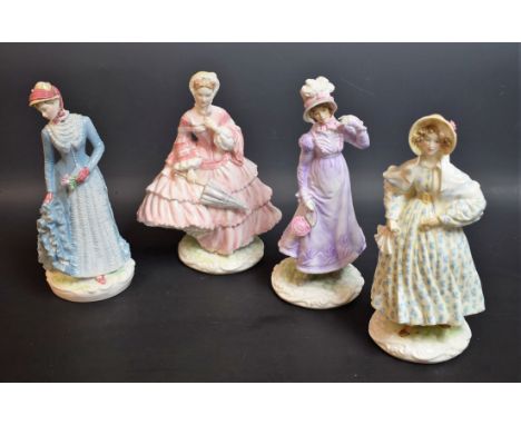A set of four Royal Worcester figures, The Victoria and Albert Museum costume collection, Walking Out Dresses of The 19th Cen