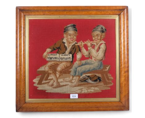 A pair of Victorian maple-framed cross-stitch pictures, boys playing cards, and 2 musicians, 51cm x 57cm 