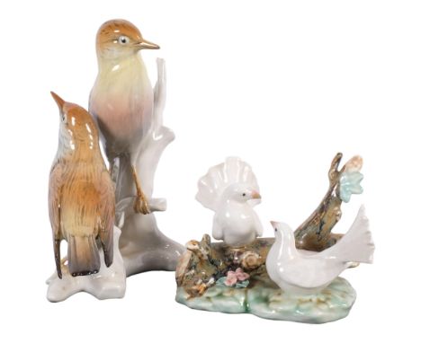 A Karl Ens sculpture of 2 garden birds, H20cm, marked to the underside, and a second ceramic sculpture, 2 Turtle Doves seated