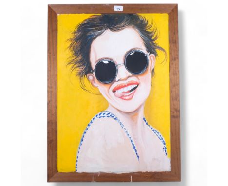 Clive Fredriksson, acrylics on board, portrait of a girl wearing sunglasses, framed, 77cm x 57cm overall 