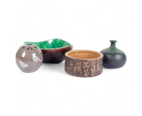 A Langley Ware tree trunk pot, 18.5cm across, an Audley End green glazed triangular bowl, a Fishley Holland pot pourri jar wi