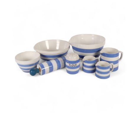 2 T G Green Cornishware mixing bowls, rolling pin, flour sifter, H11.5cm, etc, most with green shield backstamps 