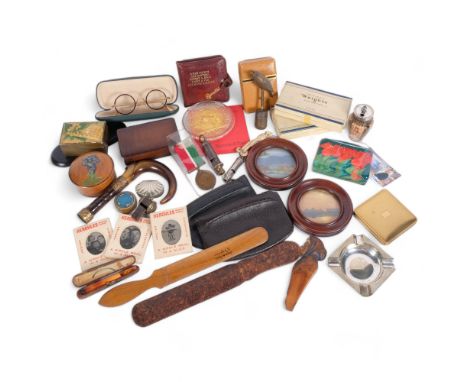 Advertising items, purses, medal, horn walking stick handle, whistle and other interesting items 