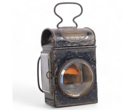 Antique metal railway lantern with brass plaque, by Shand Mason & Co, Fire Engine makers, Blackfriars Road London, with oil b