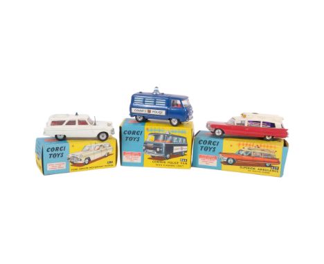 CORGI TOYS -  model 416, Ford Zephyr Motorway Patrol, model no. 464, Cmmer Police Van with flashing light, model 437, Superio