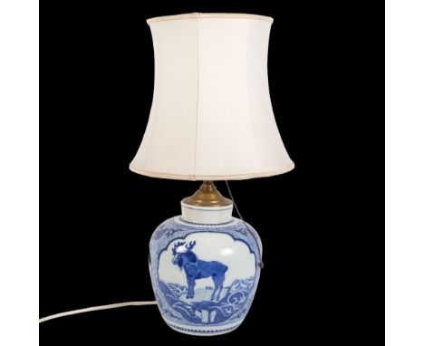 A large Chinese blue and white vase, printed decoration, H24cm, which has been drilled to use as a lamp, overall height inclu