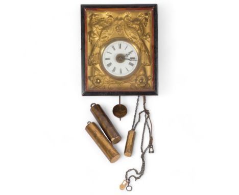 A Black Forest 8-day hanging wall clock with alarm, with white enamel dial and repousse peacock decoration, with 2 weights an