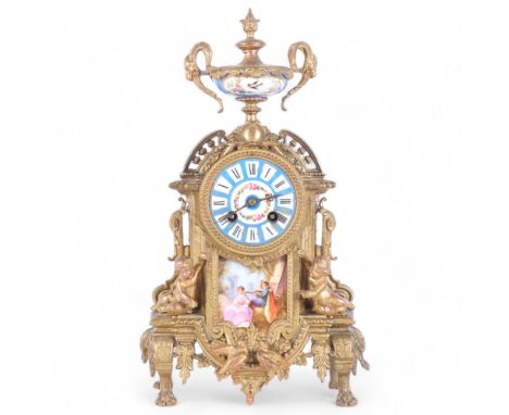 A 19th century French gilt-metal mantel clock, 8-day striking movement, with painted dial and Roman numerals, decorated with 