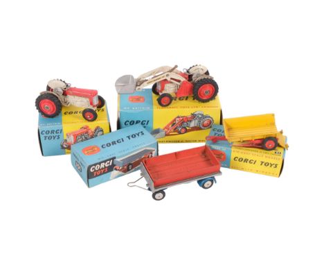 CORGI TOYS - model no. 53, Massey-Ferguson 65 tractor with shovel, model no. 101 platform trailer, model no. 50, Massey Fergu