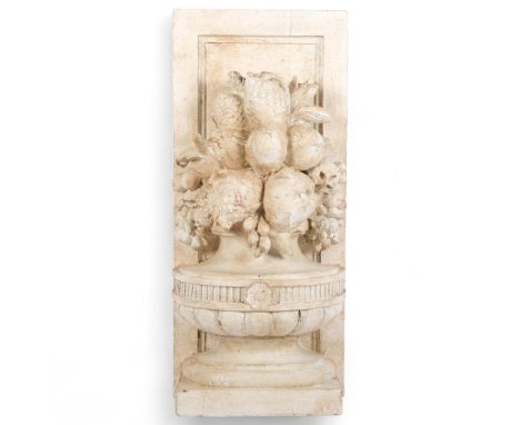A distressed painted composition architectural bowl of fruit, H61cm 