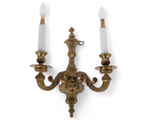 Vintage cast-brass twin-sconce wall light, with lion mask decoration, H48cm 