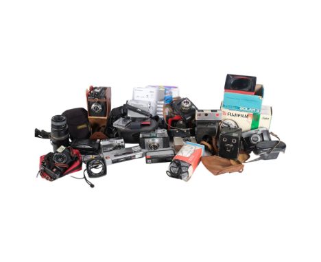 A quantity of various cameras and associated equipment, including a Fujifilm Finepix A330, a Hanimex 110TF Motordrive, a Rico