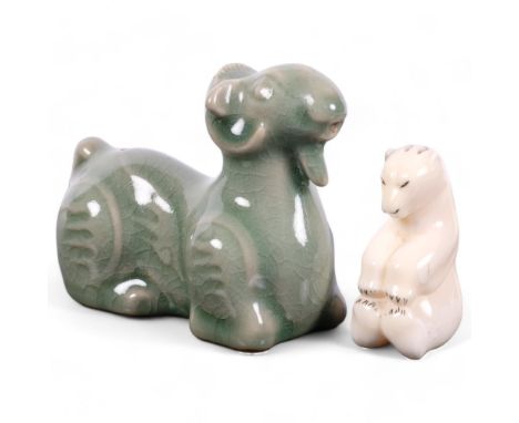 A Chinese celadon study of a goat, and a Japanese polar bear netsuke (2) 
