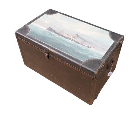 A studded pine trunk, with painted design to the lid depicting steam ship "King David", W65.5cm 