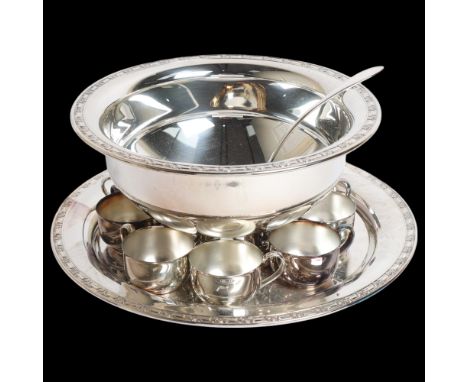 ONEIDA - a large silver plated punch bowl with 12 cups and ladle, and matching engraved circular tray, tray width 43.5cm 
