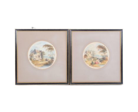 J Oldfield, pair of 19th century rural landscapes, watercolour, signed, 14cm across, framed, and a pair of similar picturesEv
