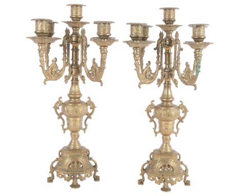 A pair of ornate cast-brass 5-light candelabra, H41cm 