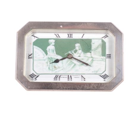 MAPPIN & WEBB - an early 20th century chrome plate cased desk clock, with strut, black Roman numerals, 8-day movement with pa