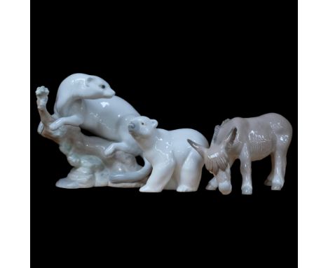 A Lladro polar bear, H9.5cm, Lladro donkey, and a NAO stoat 