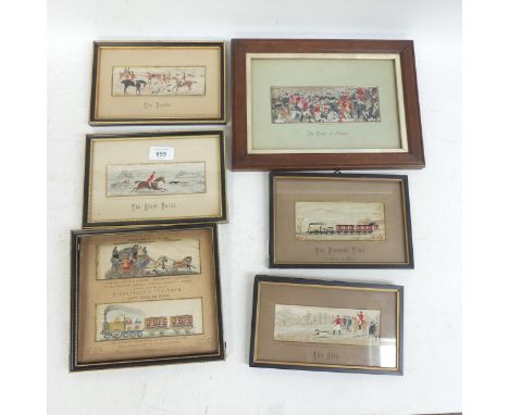 3 Stevengraphs depicting hunting scenes, and 2 depicting Stephenson's "Triumph", and another locomotive Stevengraph, all fram