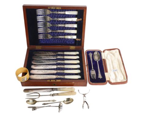 A cased fish cutlery set for 6 people, with mother-of-pearl handles and engraved blades, with silver collars, a cased plated 