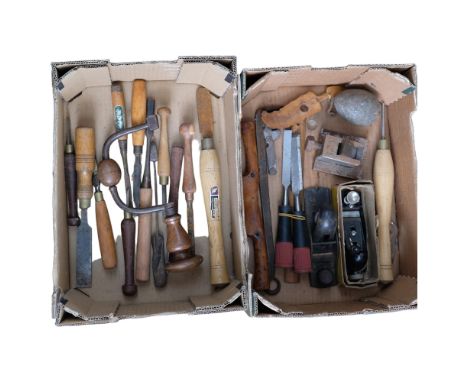 2 boxes of various woodworking tools, chisels, smoothing planes, etc 
